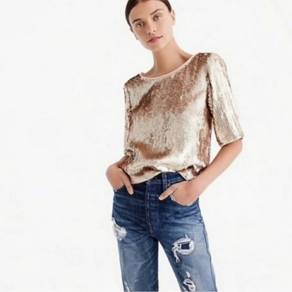 J.Crew Bianca Rose Gold Full Sequin Blouse 12 with gross grain black ties - Picture 3 of 9